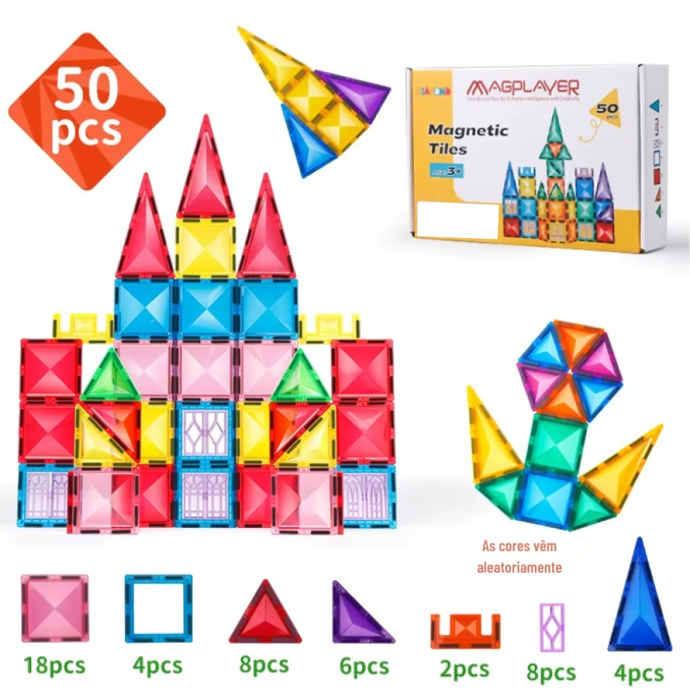 Blocos de Construção Magnético Colorido 3D - 50 Peças