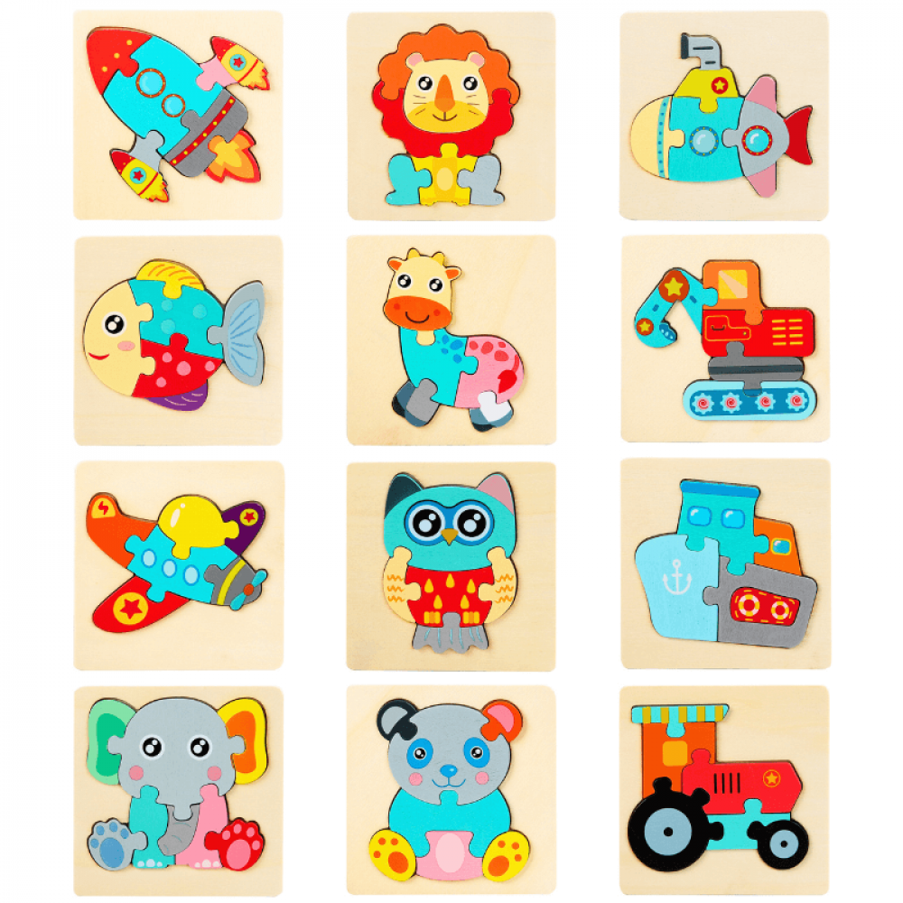 Kit Quebra-Cabeça Montessori Desenhos 3D - 12 Unidades