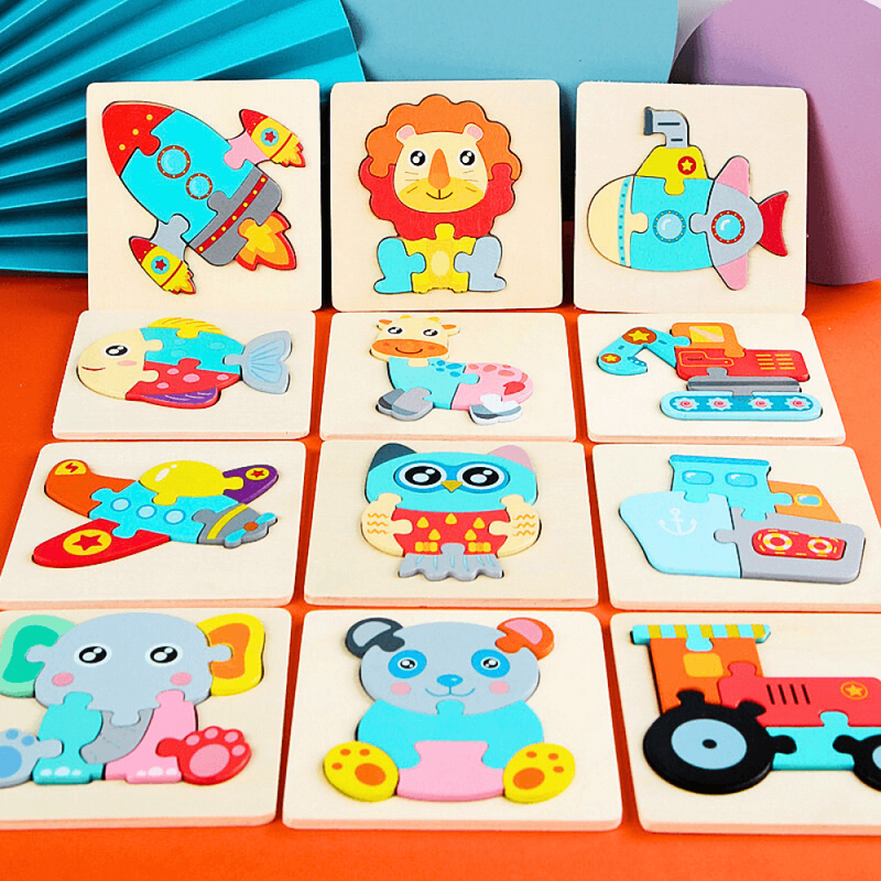 Kit Quebra-Cabeça Montessori Desenhos 3D - 12 Unidades