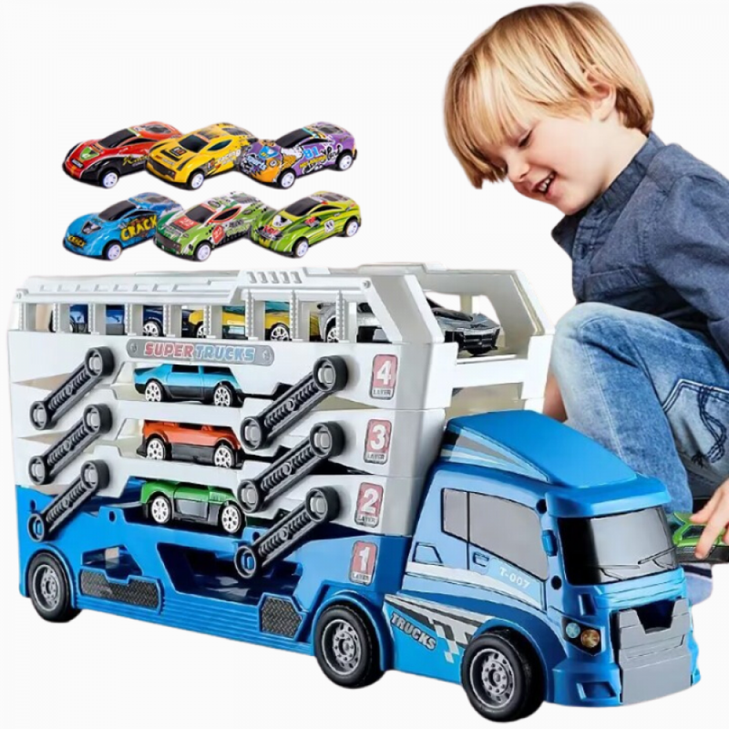 Kit Carreta Super Trucks De Quatro Andar + 6 Carrinhos