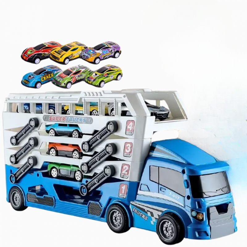 Kit Carreta Super Trucks De Quatro Andar + 6 Carrinhos