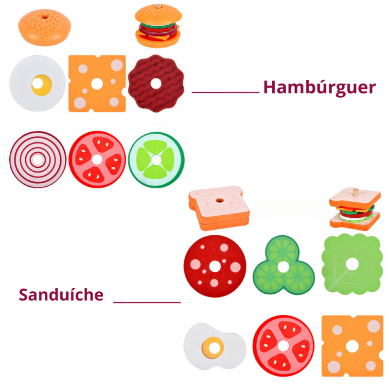 Kit Hambúrguer e Sanduíche Puzzle Montessori Monta/Desmonta